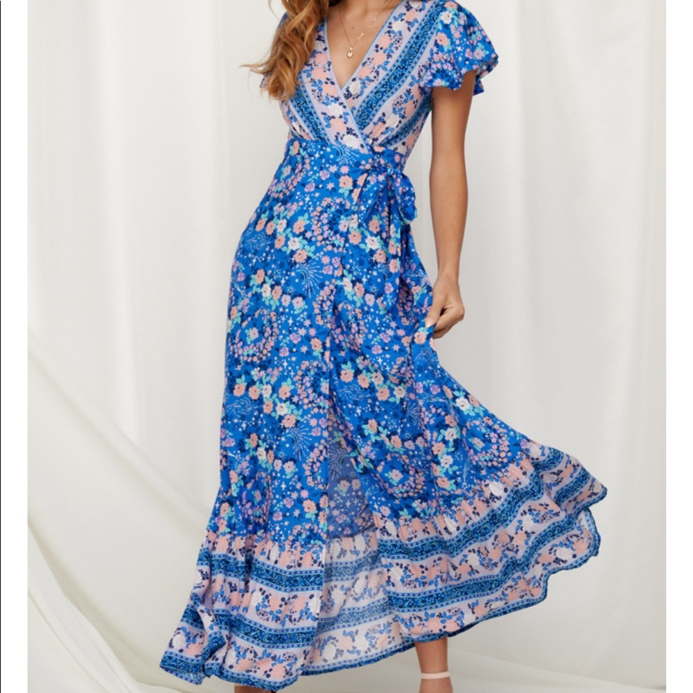 Boho Floral Gypsy Print 60’s Maxi Wrap Dress - Picture 9 of 12